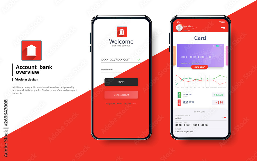 Poster banking red app ui kit for responsive mobile app or website layout including login. login and passwo