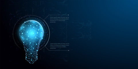 Abstract background with glowing light blue connection dots over digital lightbulb. Future technology, innovation background, creative idea concept.