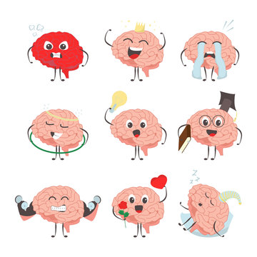Brain characters making sport exercises and different activities design