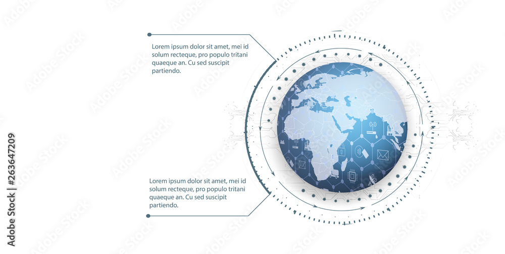 Poster global world telecommunication network connected around planet earth, internet of things (iot), devi