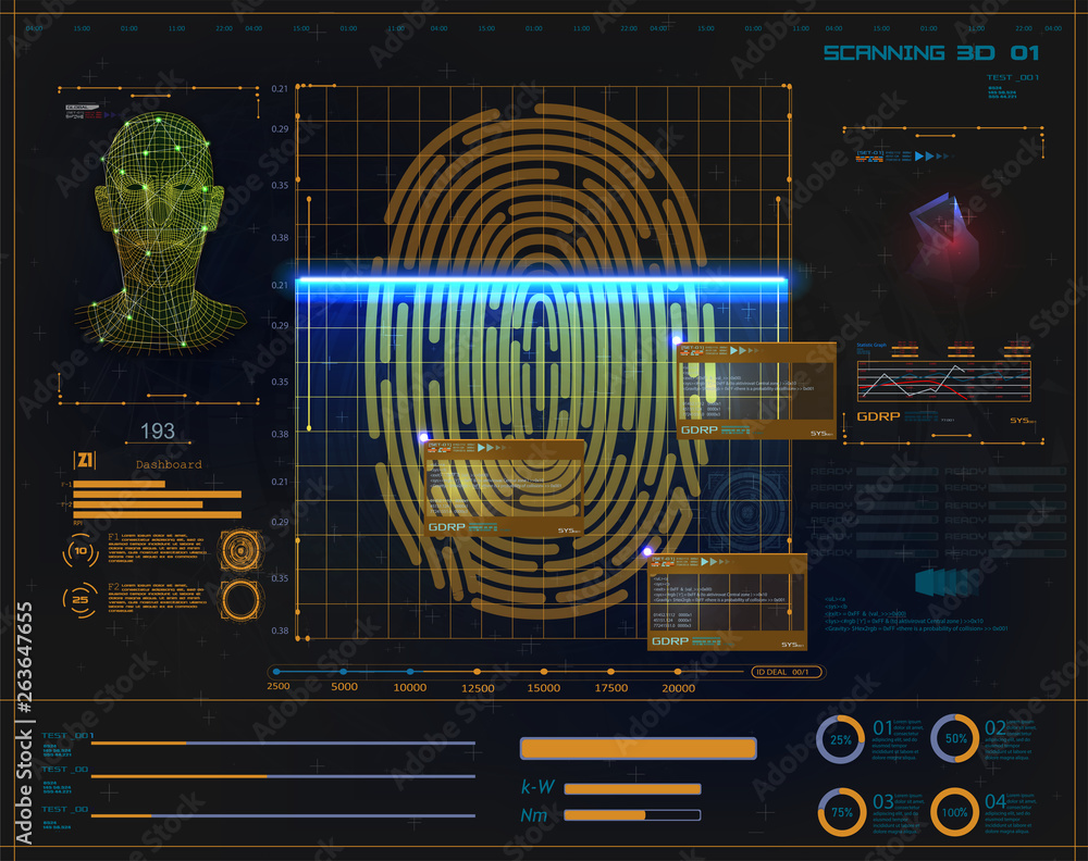 Poster Concept of digital security, electronic fingerprint on scanning screen. Face recognition concept. Biometric face scanning Fingerprint verification, cyber protection.Futuristic security in stule HUD UI