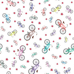 Multicolor bicycle flowers seamless pattern white background