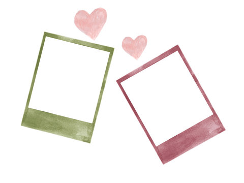 Polaroid frame with heart love watercolor isolated on white background