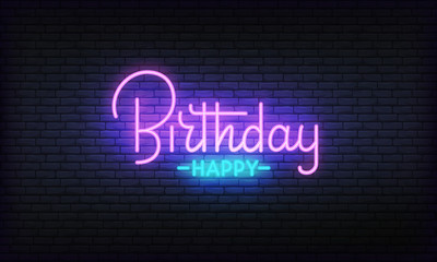 Fototapeta na wymiar Happy Birthday neon banner vector template. Glowing night bright lettering sign for Birthday celebration.