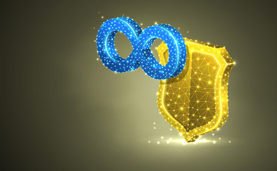 Infinity sign on golden security shield, abstract colorful 3d illustration. Polygonal Raster business concept of time, endless protection. Low poly wireframe, geometry triangles, lines, dots