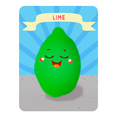 Lime on a blue background with stripes with the name, lime is on the table. Playing card. Welcome card. Illustration. .Funny edible character. Kavai lime.