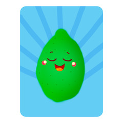Kavai lime. Lime on a blue background with stripes without a name, lime without a table. Playing card. Welcome card. Illustration. .Funny edible character.