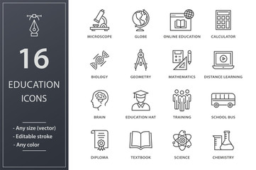 Education line icons set. Black vector illustration. Editable stroke.