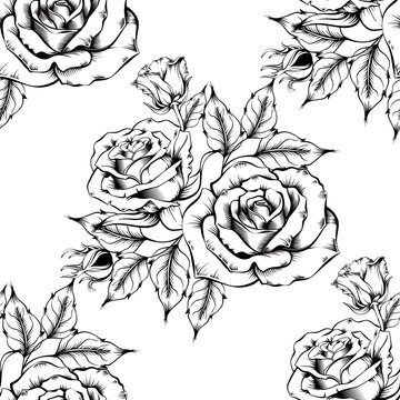 Seamless rose pattern with sketch flowers and leafs. Hand drawn