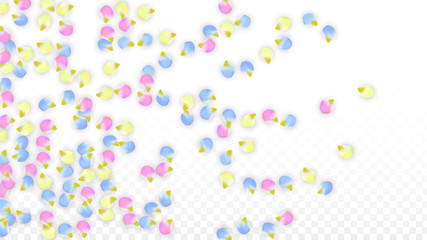 Vector Realistic Colorful Petals Falling on Transparent Background.  Spring Romantic Flowers Illustration. Flying Petals. Sakura Spa Design. Blossom Confetti. Design Elements for Wedding Decoration.