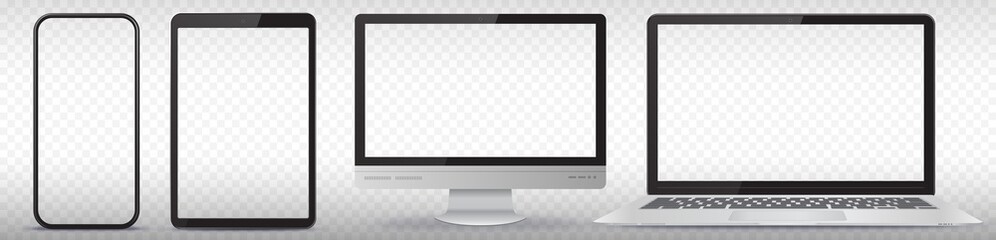 Mobile Phone, Tablet PC, Computer Monitor and Laptop Vector Illustration Set With Transparent Screens - obrazy, fototapety, plakaty