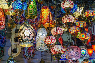 Glass lanterns stand in Grand bazaar Istanbul Turkey