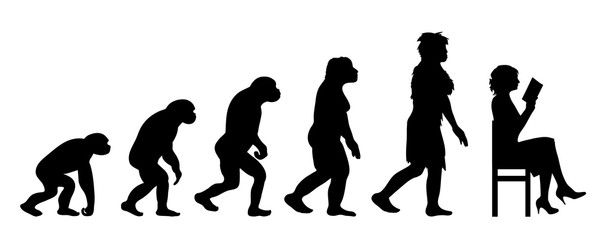 Painted theory of evolution of woman. Vector silhouette of homo sapiens. Symbol from monkey to reader.