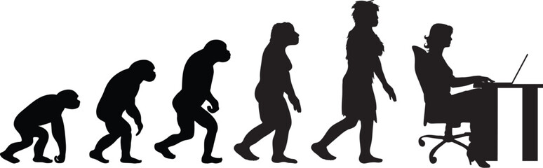 Painted theory of evolution of man. Vector silhouette of homo sapiens. Symbol from monkey to businesswoman.
