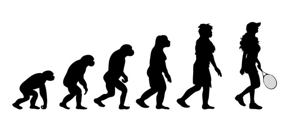 Painted theory of evolution of woman. Vector silhouette of homo sapiens. Symbol from monkey to tennis player.