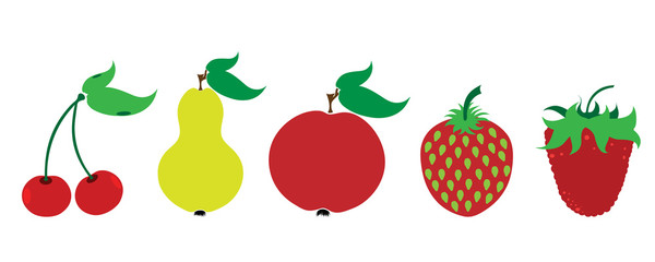 Painted vector illustration of fruits on white background. Symbol of cherry,pear,apple,strawberry, raspberry, food,vegetarian,vegan.