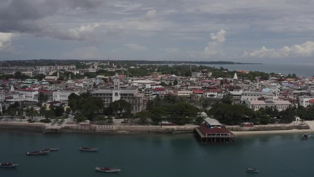 Stone town, Zanzibar, aerial view from seafront with a drone.