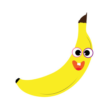 Painted vector illustration of happy banana with eyes and mouth on white background. Symbol of fruit, food,vegetarian,vegan.