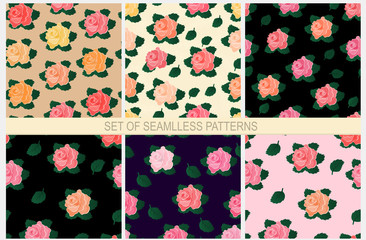 Set of seamless patterns with roses on different backgrounds
