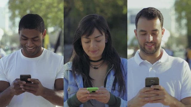 Collage of medium shots of happy mixed-race and Afro-american handsome men with beard and pretty Caucasian woman walking outside, typing on phone, smiling. Communication, lifestyle concept