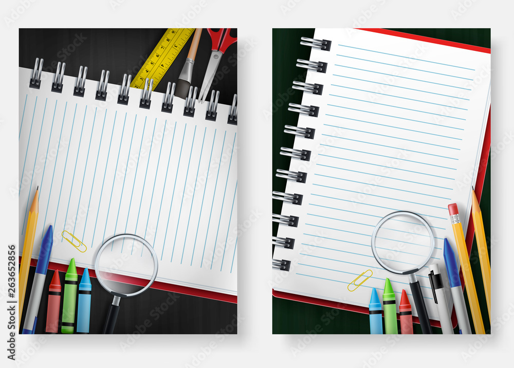 Aufkleber back to school poster set template with notebook in chalkboard background with space for text used f