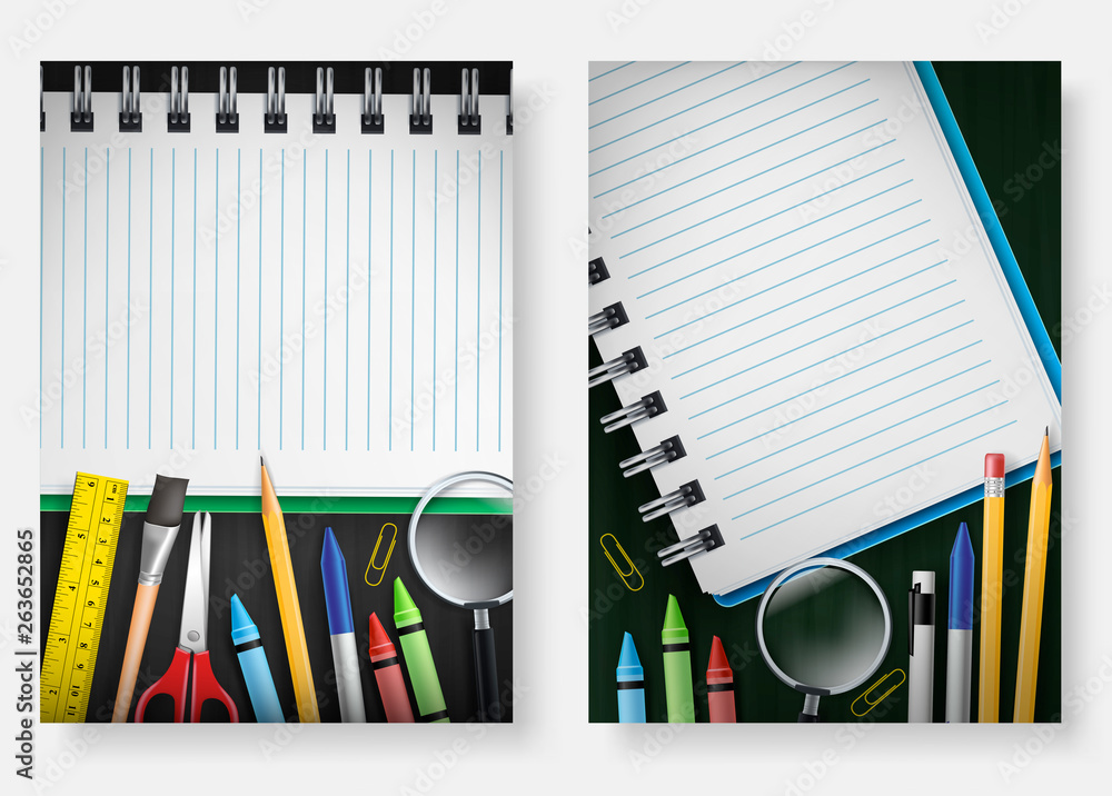 Poster isolated back to school poster set template with notebook in chalkboard background with space for te