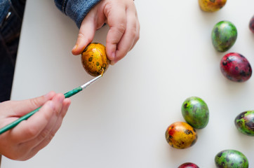 the child paint easter eggs by brush and paints