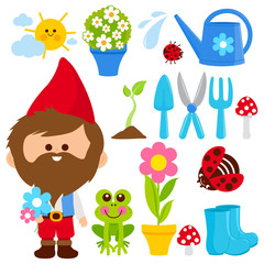 Gardening illustration collection with garden gnome and gardening tools in springtime. Vector illustration