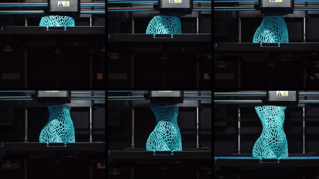 3d printer prints the model of female body, video collage of process of creating a bust of girl on 3d printer, accelerated video.