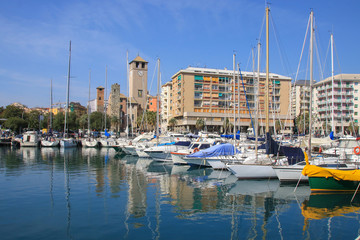 Fototapeta na wymiar Savona - Port with view to Torre del Brandale, Italy