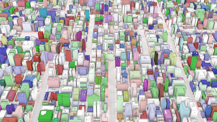 Aerial View of abstract city background. Skyscrapers and small towns with wireframe details. Random color City Buildings with red lines and multicolored lights. 3D Render. Protection of information