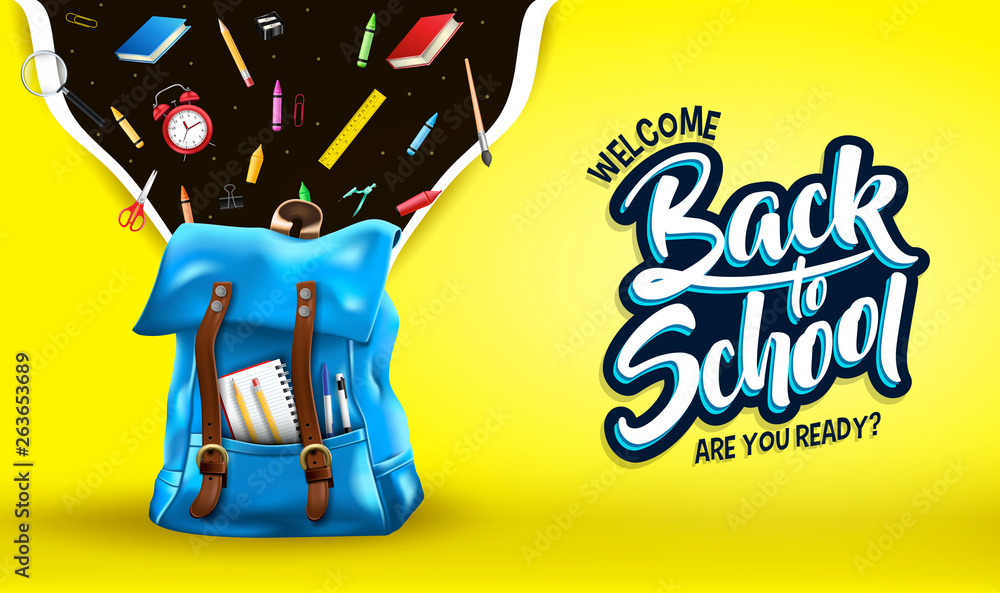 Poster welcome back to school are you ready message in yellow gradient mesh background banner with 3d reali