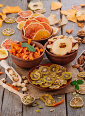 Mixed dried fruit chips, candied pumpkin slices, nuts and seeds
