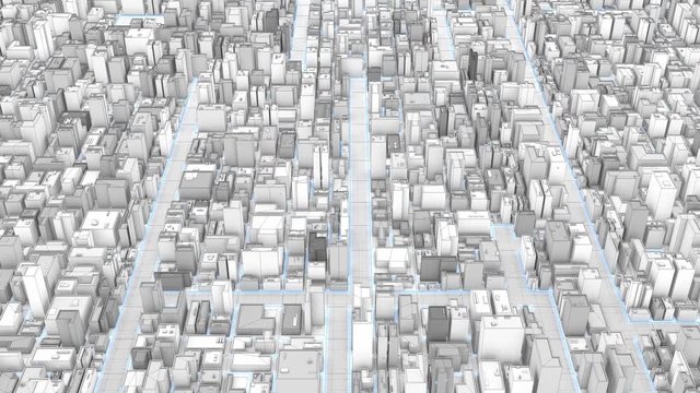 Aerial View of abstract city background. Skyscrapers and small towns with wireframe details. City Buildings with blue lines and flashing lights. 3D Rendering. Seamless loop. 4k animation.