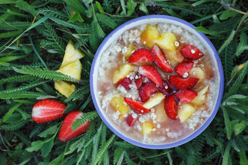 Oatmeal porridge in a bowl with fresh strawberries and pineapples in green grass. Top view.