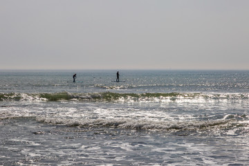 Silhouetted paddle boarders on the ocean, at Freshwater Bay on the Isle of Wight