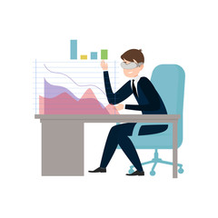 Businessman use virtual glasses to analyze business graph