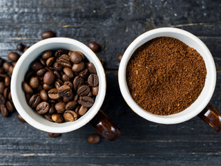 Stages of processing and preparation of coffee beans . Whole, ground coffee in cups