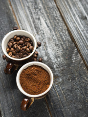 Stages of processing and preparation of coffee beans . Whole, ground coffee in cups