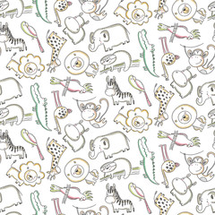 Fototapeta na wymiar Vector seamless pattern with cartoon African animals, jungle plants and trees.