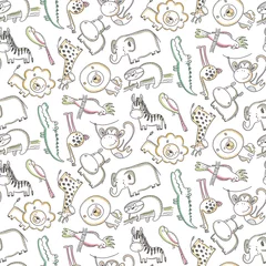 Muurstickers Vector seamless pattern with cartoon African animals, jungle plants and trees. © Andrei
