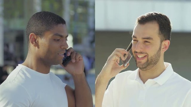 Collage of medium shots of happy mixed-race handsome man and muscular Afro-american man standing outside, talking on phone, smiling and laughing. Communication, lifestyle concept