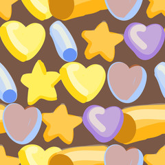 Simple pattern with hearts, stars and circles. Seamless vector.
