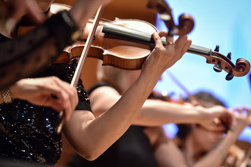 Violin players hand detail during philharmonic orchestra performance