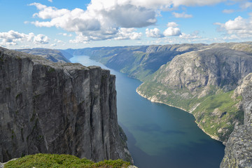 Naklejka na ściany i meble Beautiful nature landscape of Norway fjord and mountains. Lysefjord, Stavanger, near Kjerag and Preikestolen (Pulpit Rock).