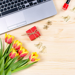 Woman office desk with notebooks, laptop, decor and accessories, top view, copy space