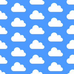 Cloud data storage seamless pattern with icons. Blue background with white clouds vector illustrations