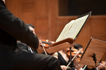 Violin players hand detail during philharmonic orchestra performance