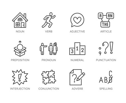 Grammar, education flat line icons set. Parts of speech verb, preposition, pronoun, adjective, interjection vector illustrations. Thin signs for english learning. Pixel perfect 64x64 Editable Strokes