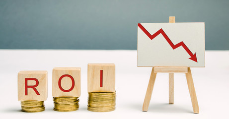 Wooden blocks with the word ROI and a poster with an arrow down. Financial ratio illustrating the level of business loss. Return on investment. Recession. Lower profitability and performance